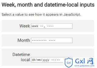 Week, month and datetime-local inputs